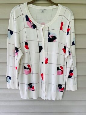 Halogen Womens Floral White Grid Lightweight Button Up Cardigan Sweater XL